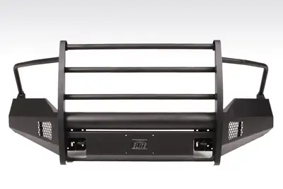 Fab Fours Elite Front Bumper; 2 Stage Black Powder Coated; w/Full Grill Guard And Tow Hooks;