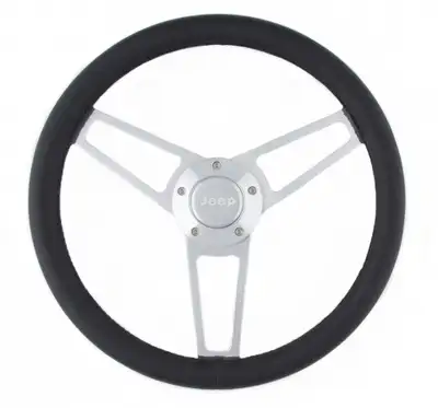 Grant Billet Series Leather Wheel and Installation Kit; 14.75 in. Diameter; 3-Spoke Design; Black; Jeep Logo; Includes Wheel/OEM Center Cap/Install Kit PN[5196-1] Polished;