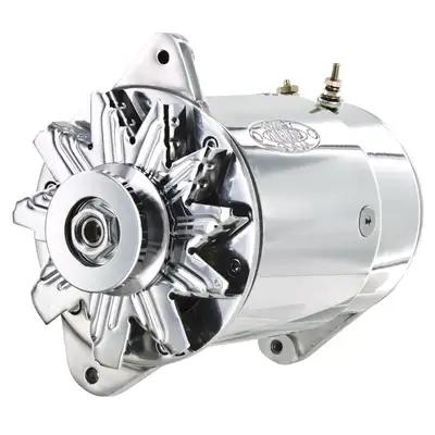 Power Master PowerGEN Alternator; Short Case; 90 Amp; 65 Idle; 12 Groove V Type; w/Lamp Terminal; Polished;