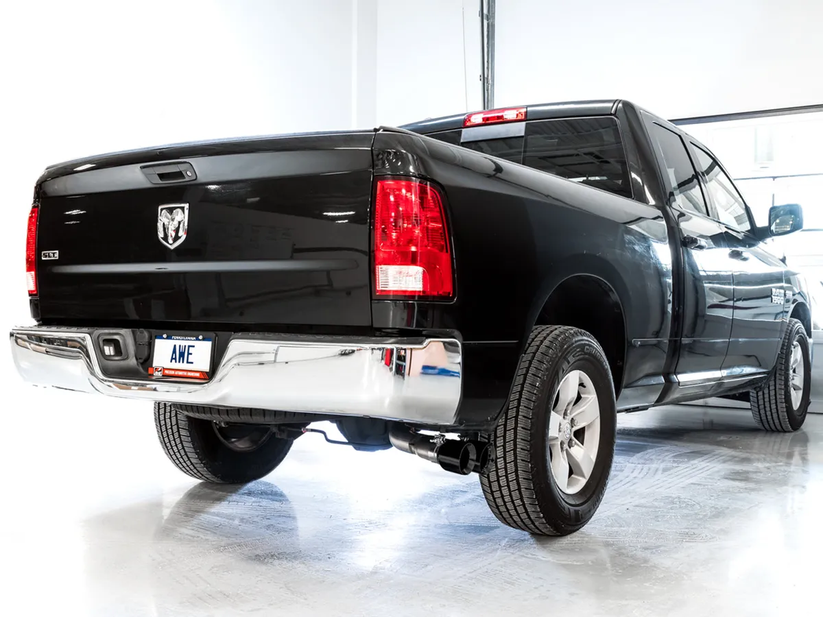AWE 0FG Single Side Exit Catback Exhaust for 4th Gen RAM 1500 5.7L (without bumper cutouts) - Dual Diamond BlackTips product image