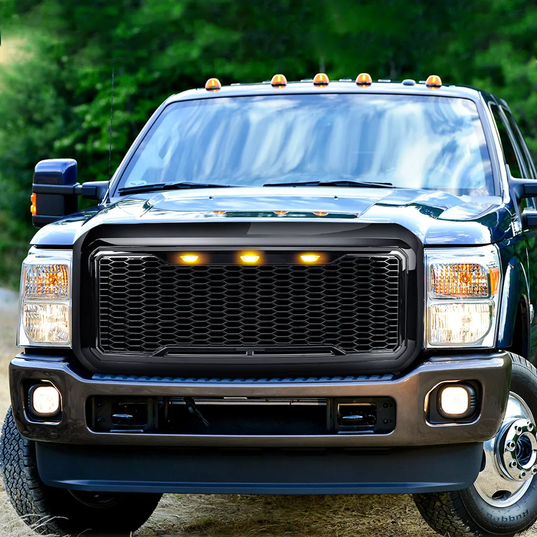 Raptor Style Mesh Grille W/ Amber Lights - Glossy Black For 2011-2016 Ford F250/ 350/ 450/ 550 Super Duty | In Stock On Apr 30 product image