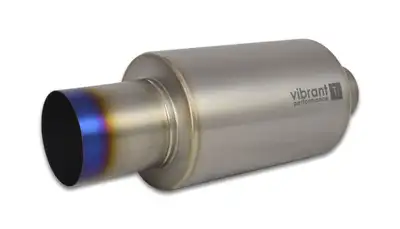 Vibrant Performance Muffler; 3 in. Inlet ID; 4 in. Tip OD; 6.25 in. Body OD; 17 Overall L; 10 in. Muffler Body L; Blue Titanium Finish; 4.12 LBS Weight; w/Straight Cut;
