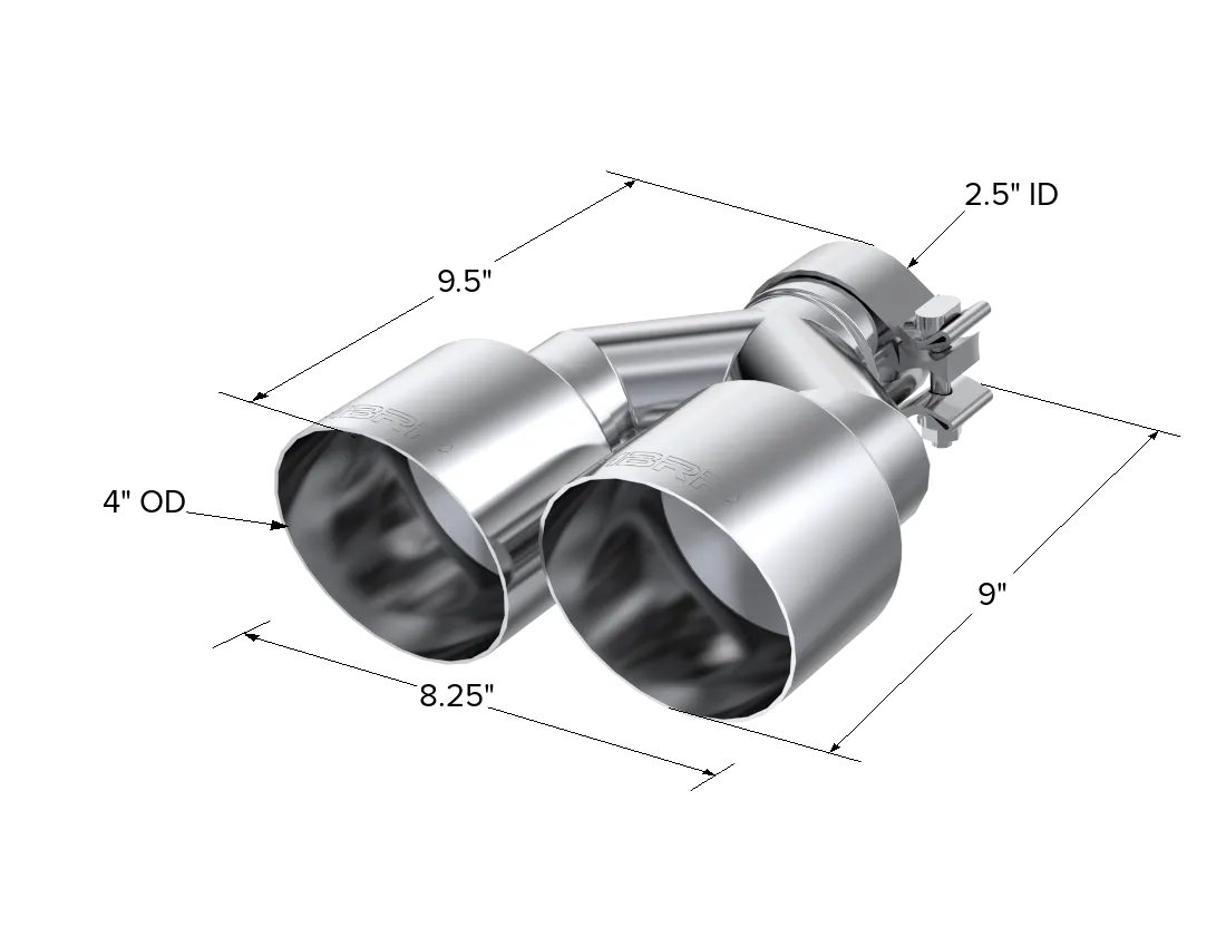 Armor Pro Exhaust Tip; 2.5 in. Inlet Diameter; Dual 4 in. Outlet Diameter Out Single Wall; T304 Stainless Steel; product image