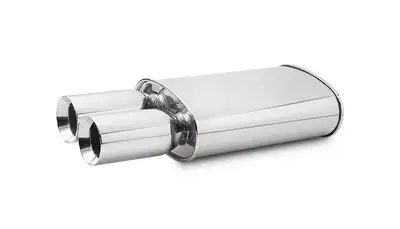 Vibrant Performance STREETPOWER Oval Muffler; Dual 3.5 in. Round Bevelled Tip; 2.5 in. Inlet ID; 8 in. L-Tip; 5 in. H; 9 in. W; 15 in. Body L; 23 in. Overall L; 3.5 in. OD; 3.75 in. Center To Center;