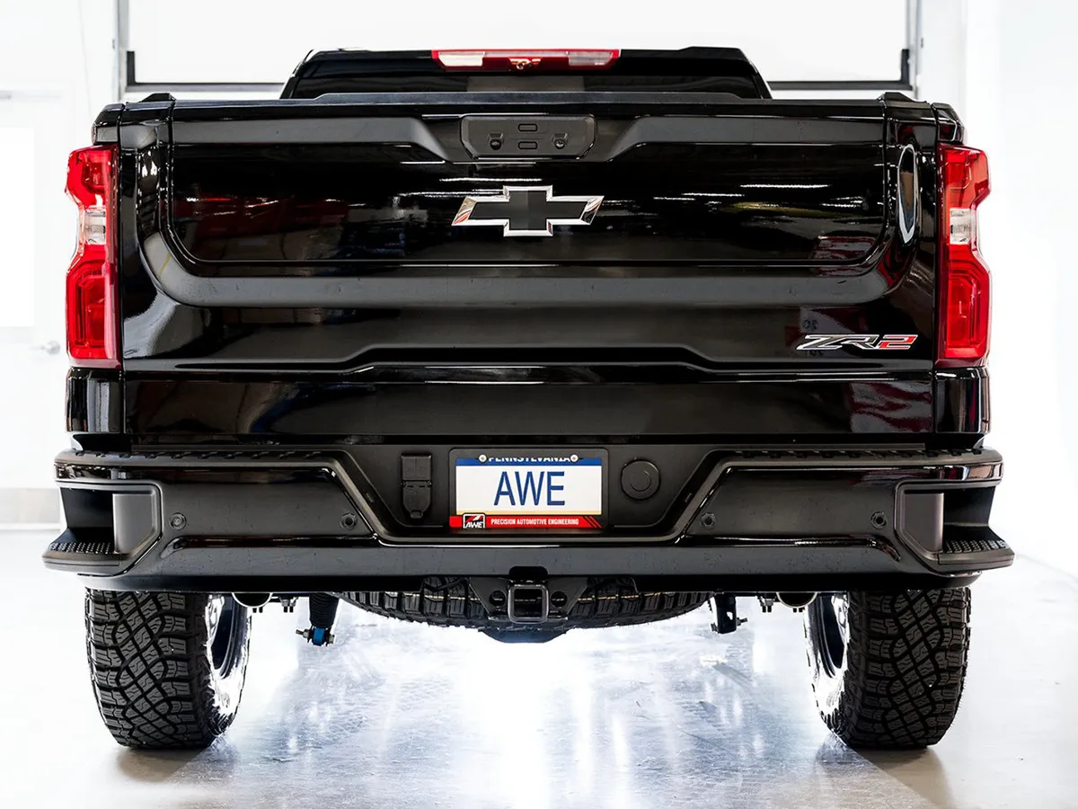 AWE 0FG Catback Exhaust for Silverado ZR2/Sierra AT4X - Dual Bashguard (no tips) product image