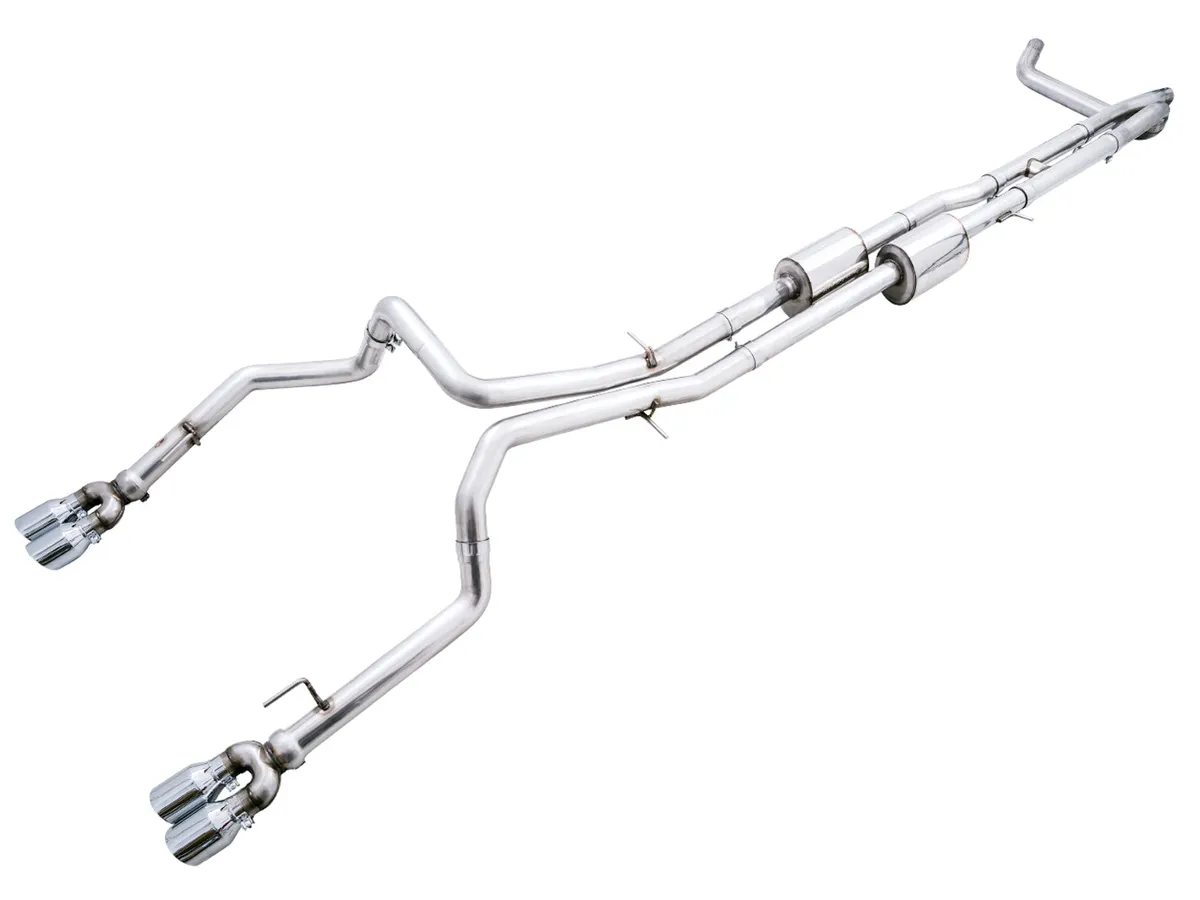 AWE 0FG Catback Split Rear Exit Exhaust for 4th Gen Silverado/Sierra 1500 6.2L (with bumper cutouts) - Quad Chrome Silver Tips product image