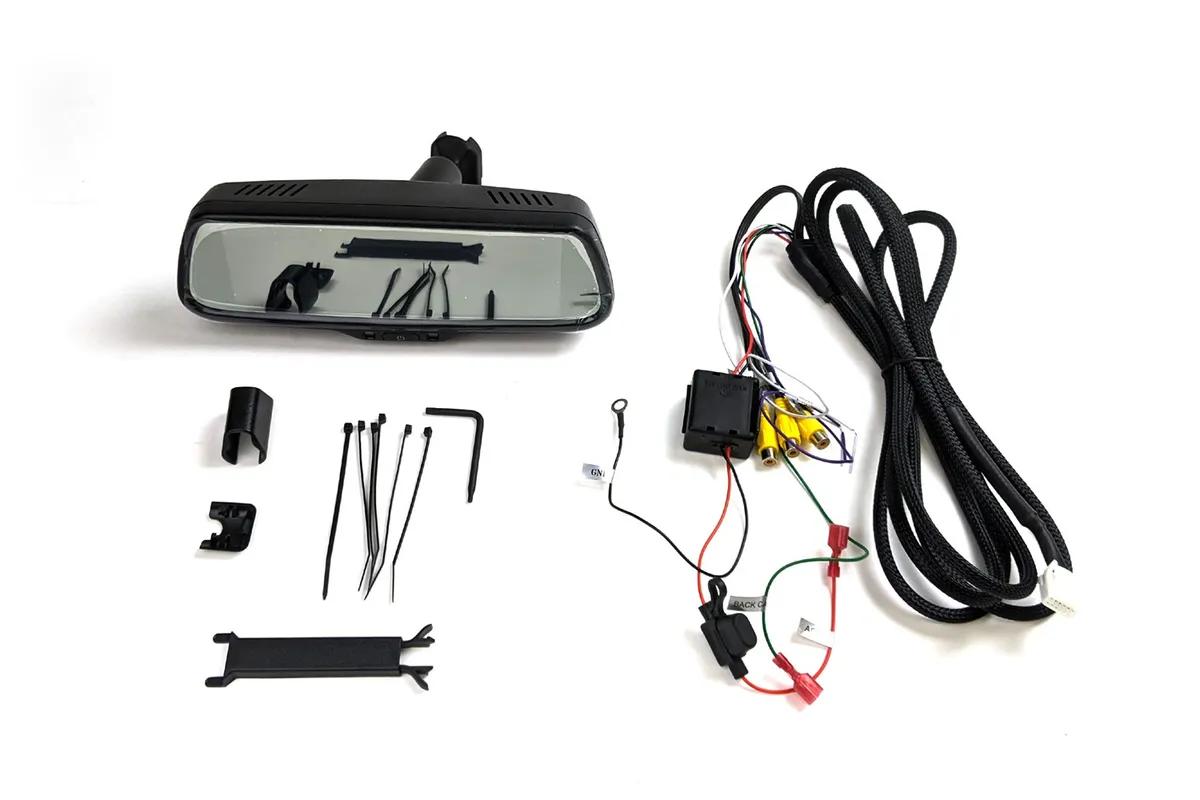 9 in. Mirror w/7.3 in. LCD Display; 3 Input; Single Camera Feed or Dual Camera Views/Split-Screen Mode on Two 3.6in. Side-by-Side Screens; 3 RCA Input w/Trigger Wires; product image