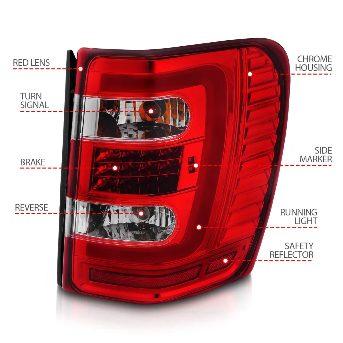 LED Tail Lights w Light Bar Chrome Housing Red Clear Lens Jeep Grand Cherokee 1999-2004 product image