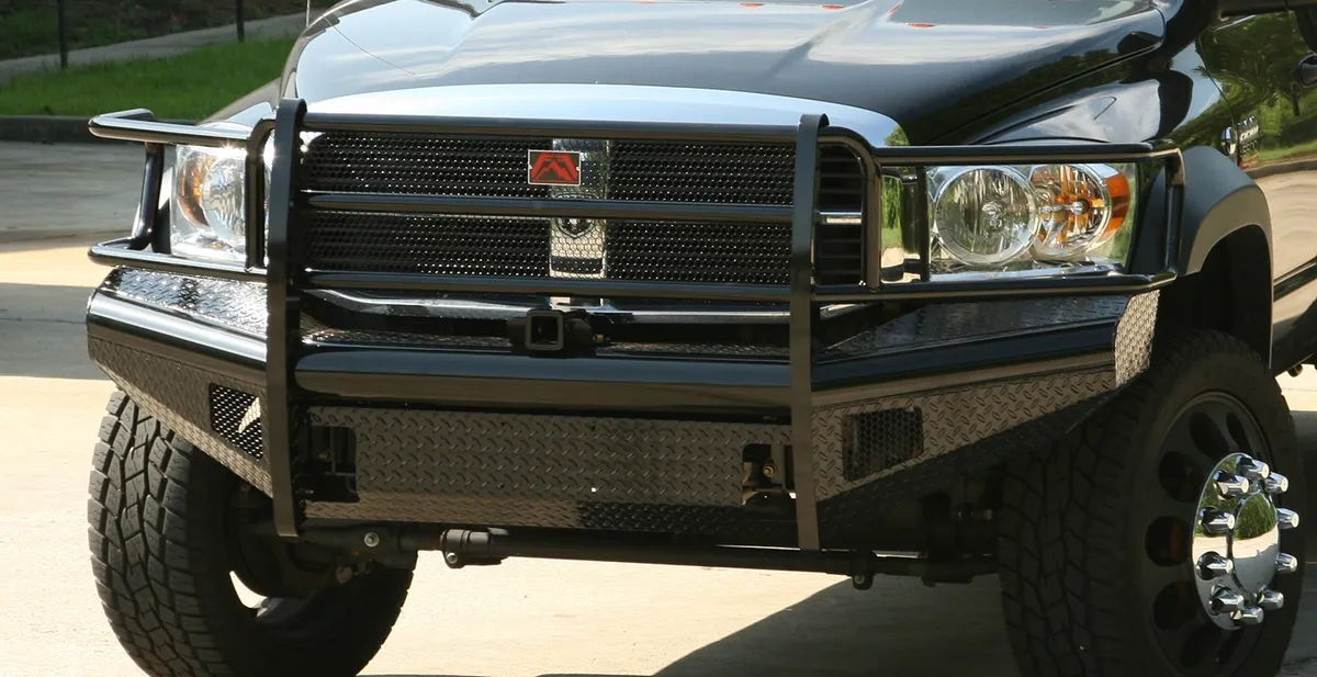 Black Steel Front Ranch Bumper; 2 Stage Black Powder Coated; w/Full Grill Guard; Incl. Light Cut-Outs; product image