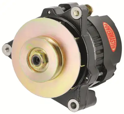 Power Master GM 5X5 Race Alternator; CS121; 3 Point Mounting; Side Battery Post; 100 Amp; 60 Idle; 12 Volt; 1 Groove V Type Pulley; Black;