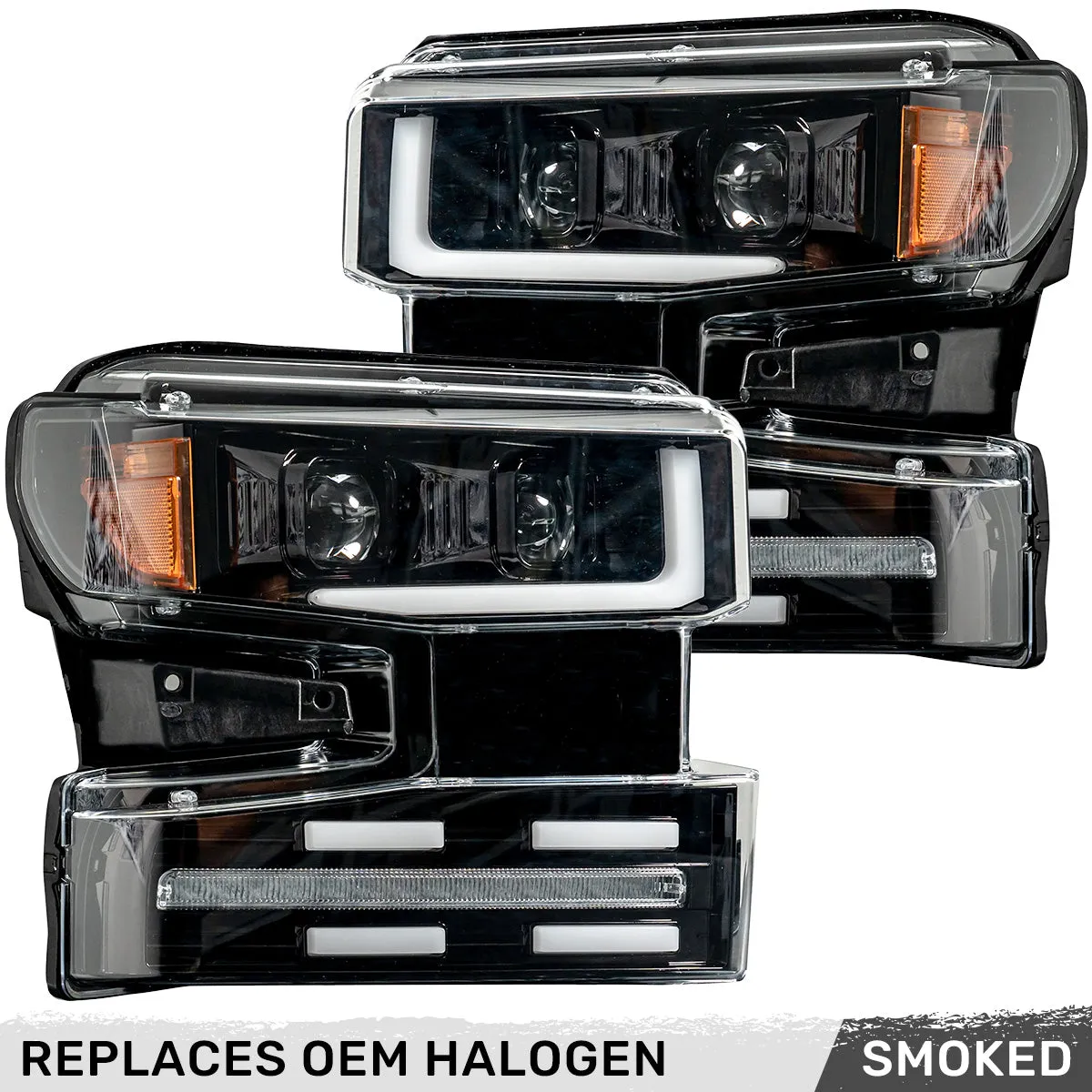 Chevrolet Silverado 19-20 1500 4th Gen Body Style w OEM Halogen And Standard Reflector Housing - Halogen Projector Headlights w Ultra High Power Smooth Oled DRL And Scanning Switchback High Power Amber LED Turn Signals - Smoked Black product image