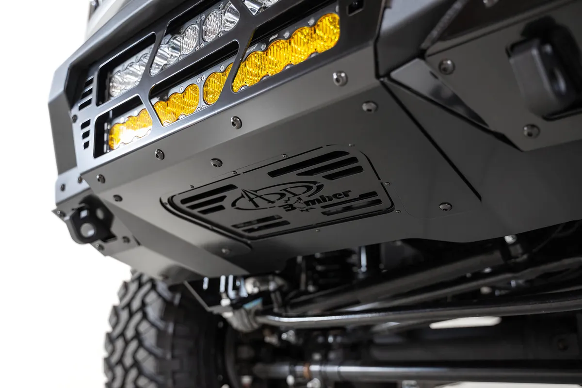 The Addictive Desert Designs Bomber front bumper brings the ultimate combination of form and function to the Ford F250F350. A full 316 aluminum skid plate offers superior protection while keeping the bumper lightweight. Three different light options ar product image