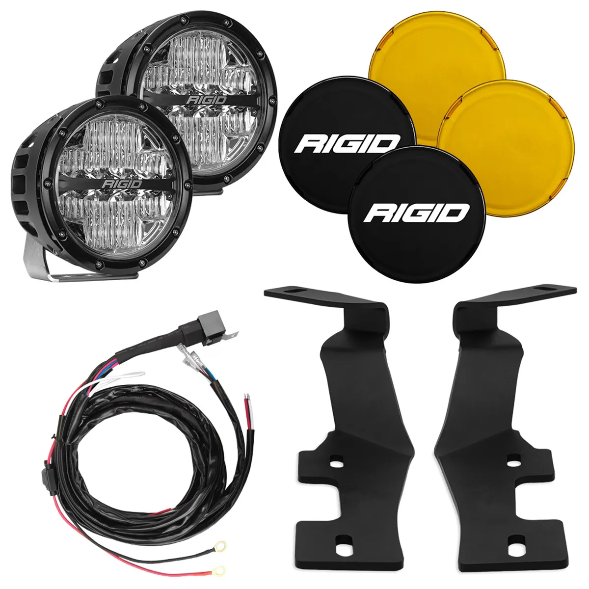 This RIGID A-Pillar mount kit is designed for the 2019+RAM 2500 and 3500; it includes two A-Pillar mounting brackets; two 6 inch 360-Series Amber Backlight Drive lights; two black light covers; two amber light covers; and a wiring harness. product image