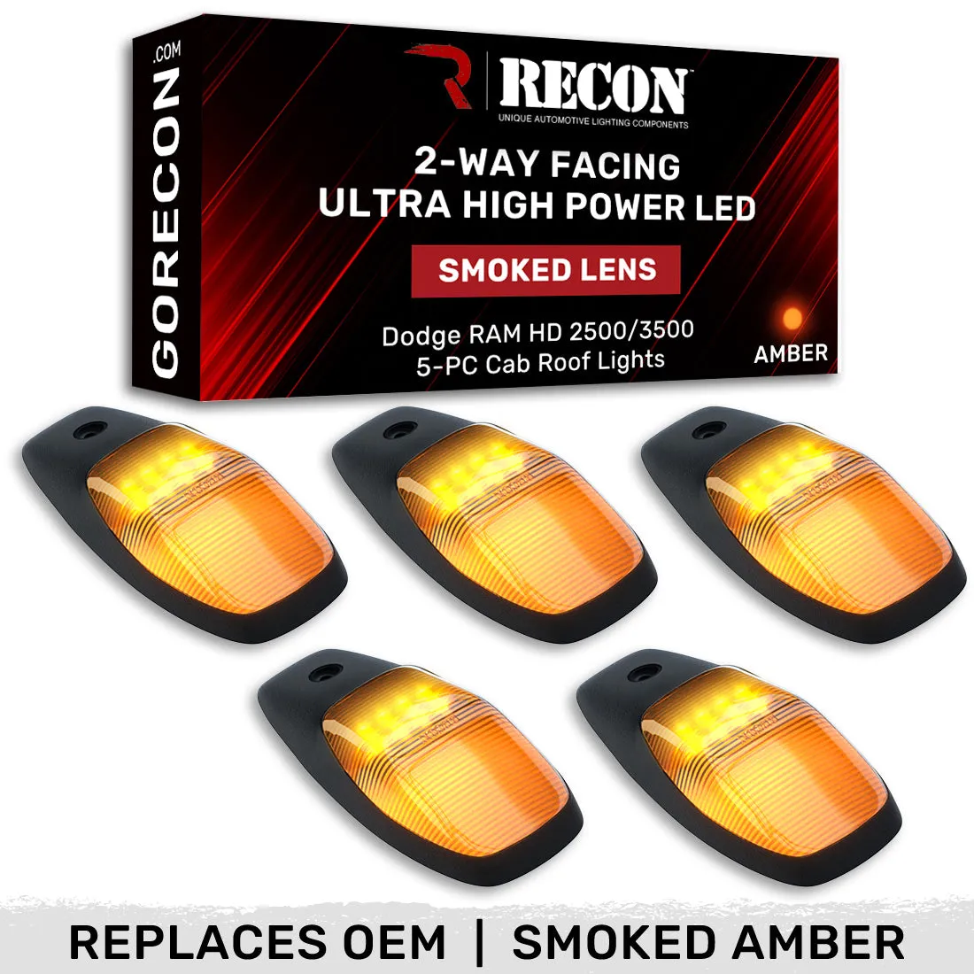 Dodge 19-23 RAM Heavy-Duty 2500 3500 5-Piece Set Smoked Cab Roof Light Lens With 2-Way Forward Rear Facing Amber Ultra High-Power Leds - Attn Plug-N-Play Replacement For OEM Factory Installed Cab Roof Lights product image