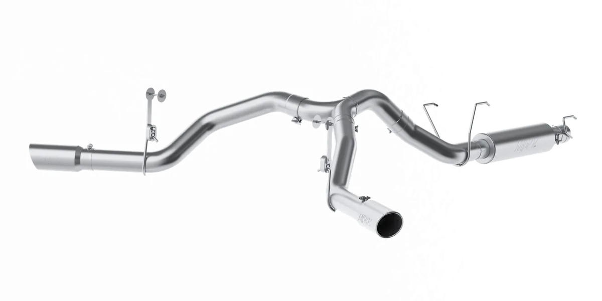 Armor Plus Cat Back Exhaust System; 4 in.; Incl. Ext. Pipe/Muffler/Over Axle Pipe/Y-Pipe/Tailpipes/Hardware/5 in. OD Tips; Dual Split Side Exit; T409 Stainless Steel; product image