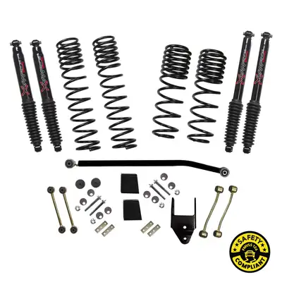 Skyjacker Suspension Lift Kit w/Shock 3.5-4 Inch Lift 18-19 Jeep Wrangler Unlimited Rubicon Incl. Frt./Rear Dual Rate/Long Travel Series Coil Springs Extended Sway Bar End Links Grade 8 Mounting Hdwr Black MAX Shocks Skyjacker