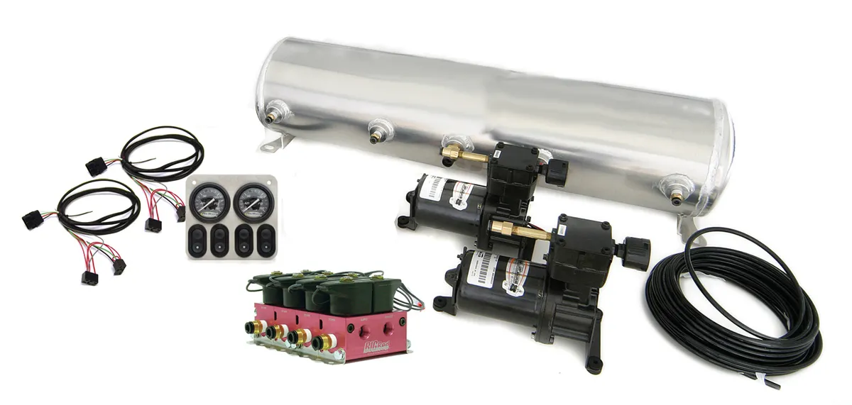Bigred Analog 4 Way Air Suspension Control System W/ 5 Gallon Tank 2 Air Compressors 5 Gallon Tank Bigred Electric Valve 3/8 Inch Airline Fittings And A Control Panel W/ 4 Electric Switches And 2 Dual Needle Gauges Ridetech product image