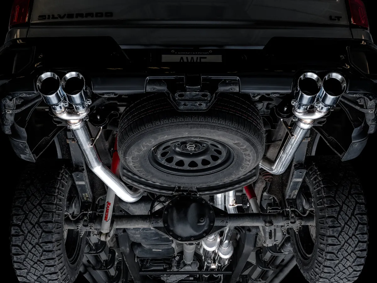 AWE 0FG Catback Split Rear Exit Exhaust for 4th Gen Silverado/Sierra 1500 6.2L (with bumper cutouts) - Quad Chrome Silver Tips product image