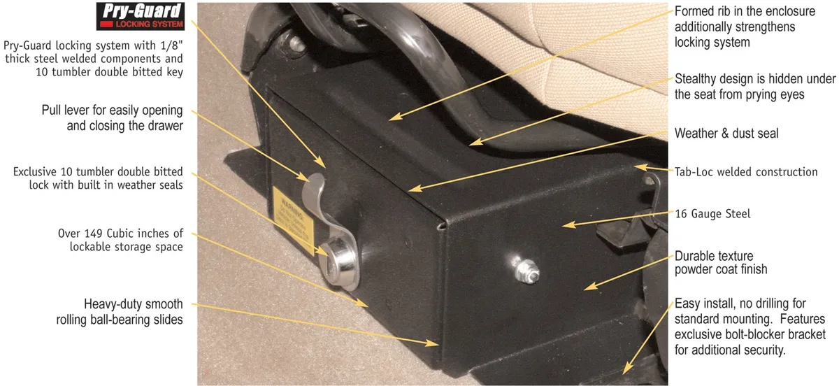 Front Driver Side Underseat Drawer - '97-02 Wrangler TJ; w/ Flip Seat (Black; Standard Key) product image