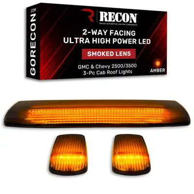 Recon Accessories Gmc Chevy 15-19 3rd Gen Body Style Heavy-Duty 3-Piece Set Smoked Cab Roof Light Lens With 2-Way Forward Rear Facing Amber Ultra High-Power Leds - Plug-N-Play Installation Replaces OEM Installed Cab Roof Lights