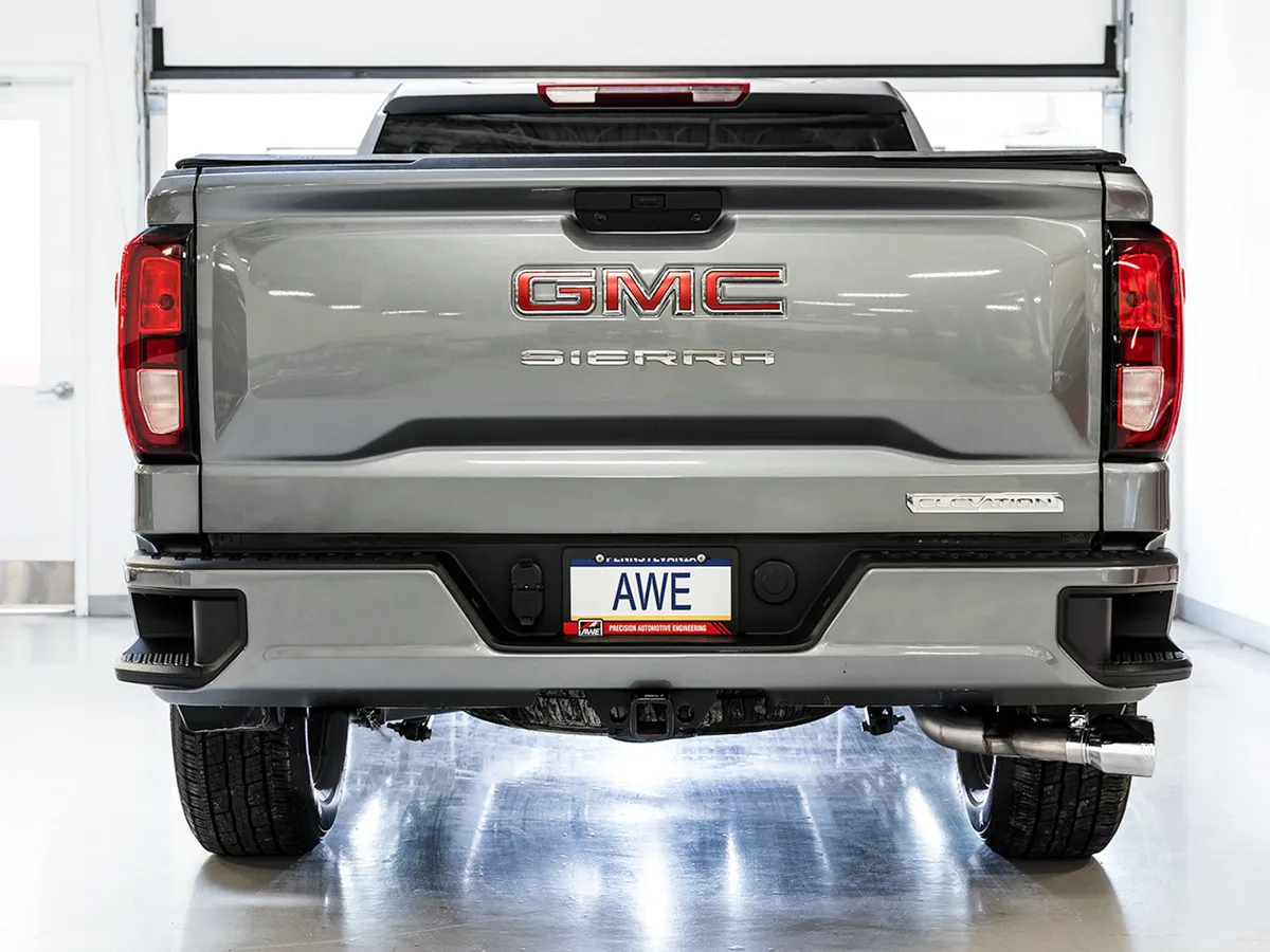 AWE 0FG Catback Split Rear Exit Exhaust for 4th Gen Silverado/Sierra 1500 5.3L (With Bumper Cutouts) - Quad Chrome Silver Tips product image