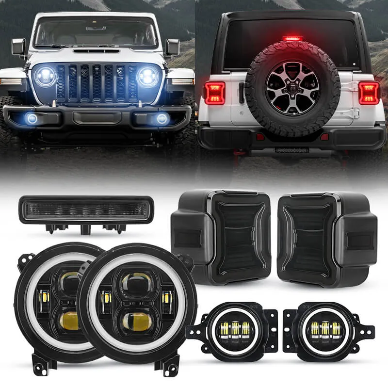 LED Factory Mart JL Mega Bundle - 9 Inch LED Halo Headlights with Turn Signals, Fogs, Tail Lights, Brake Lights For Jeep Wrangler JL
