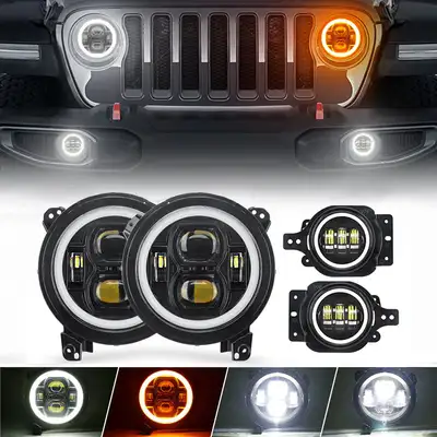 LED Factory Mart "classic 9"" Halo LED Headlights With DRL & Amber Turn Signals & LED Halo Fog Lights For 2018-Later Jeep Wrangler JL And Gladiator Jt"