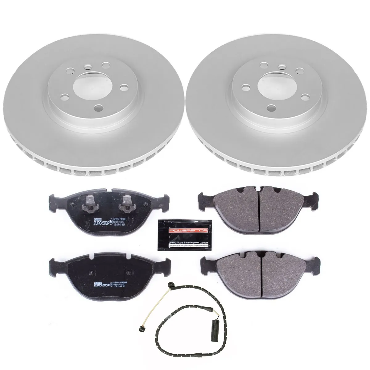 Euro-Stop Kit: Genuine Geomet Fully Coated Rotors; Ece-R90 Certified Pads W/Hardware; Pad Sensors product image