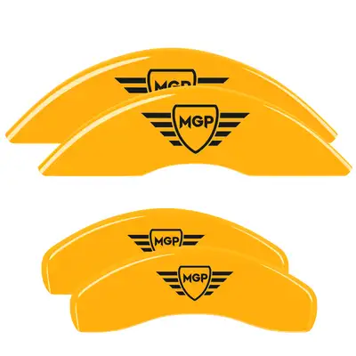 MGP Caliper Covers Set Of 4 Caliper Covers Engraved Front And Rear MGP Yellow Finish Black Characters 2018-2024 Jeep Wrangler MGP Caliper Covers