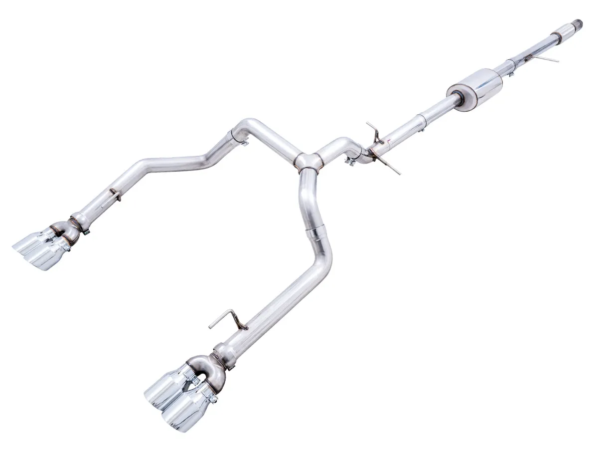 AWE 0FG Catback Split Rear Exit Exhaust for 4th Gen Silverado/Sierra 1500 5.3L (With Bumper Cutouts) - Quad Chrome Silver Tips product image