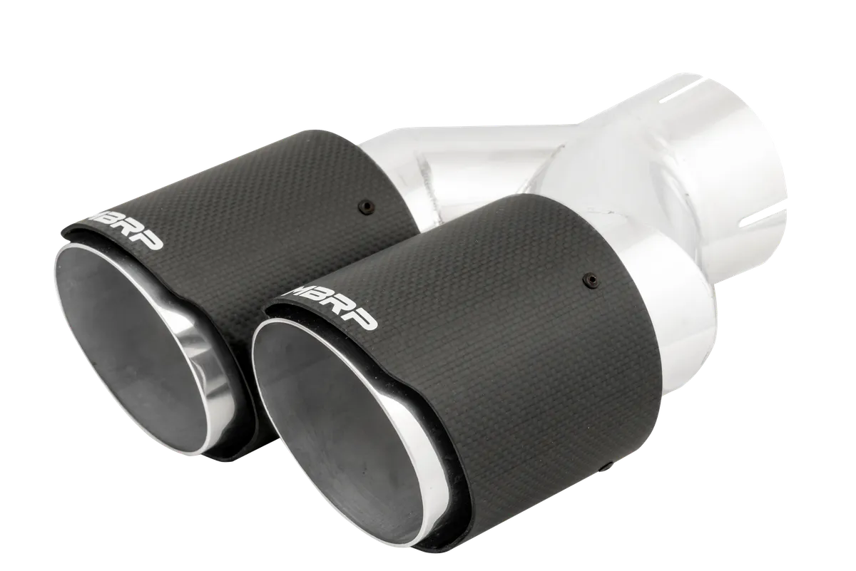 Carbon Fiber Exhaust Tip; 3 in. Inlet Diameter; 4 in. Outlet Diameter; Left Tip 9.87 in. Length; Right Tip 9.37 in. Length; Dual Out; Carbon Fiber Finish; product image
