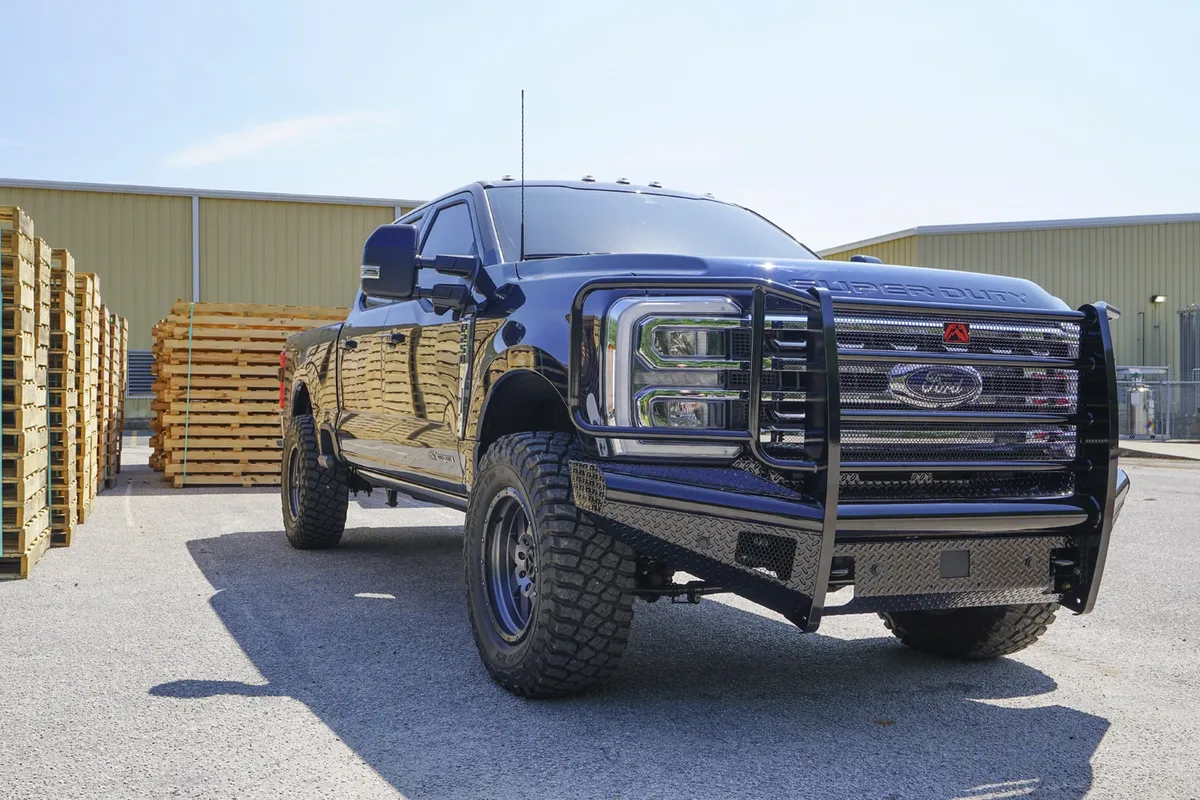Black Steel Front Bumper; w/Full Grill Guard; Sensor Compatible; Gloss Black; product image