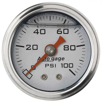 AutoMeter Gauge, Pressure, 1.5" direct mnt, 100psi, Liquid Filled Mech, Slvr, 1/8" NPTF Male