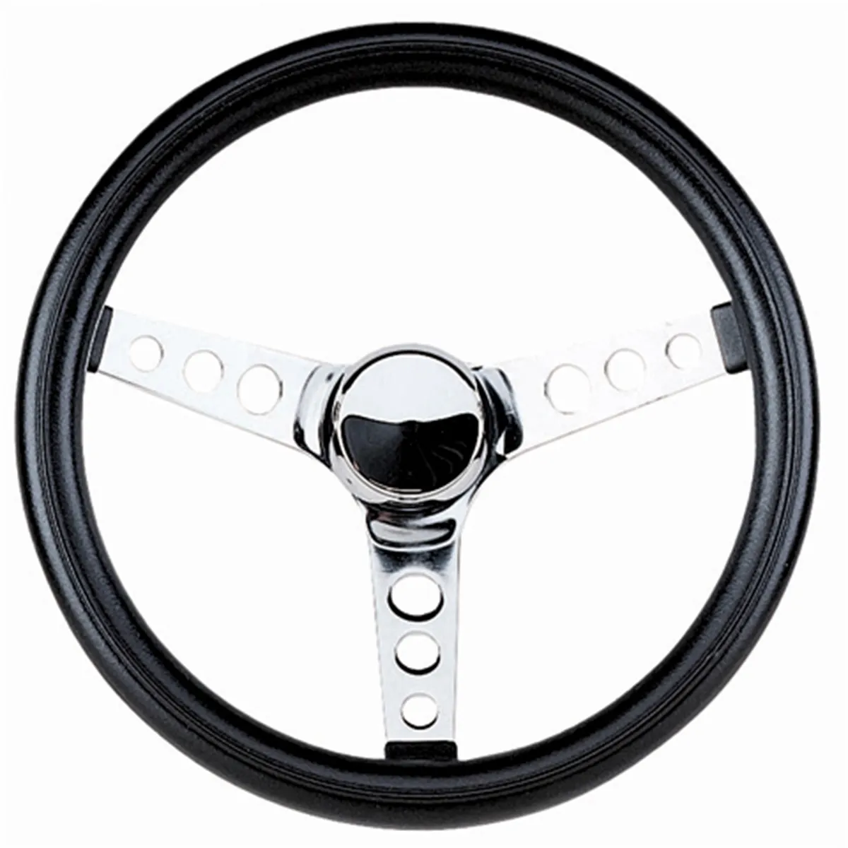 Classic Series Steering Wheel; 12 1/2 in. Diameter; 3 1/2 in. Dish; Black Cushion Grip; Chrome 3-Spoke Design; product image