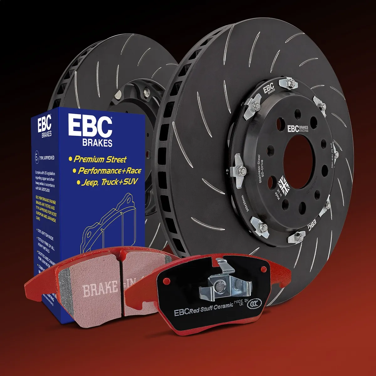 EBC Brake Pad Disc Rotor Kit; Set Of Redstuff 3000 Series Brake Pads/Pair Of 2-Piece Fully-Floating Brake Rotors; product image