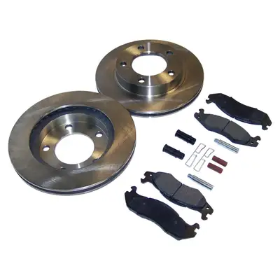 Crown Automotive Jeep Replacement 1981-1983 CJ-5 CJ w/ 5 Bolt Flange Mounting; Front; Kit includes: 2 Brake Rotors 1 Pad Set and all necessary hardware. 1981-1986 CJ-7 CJ w/ 5 Bolt Flange Mounting; Front; Kit includes: 2 Brake Rotors 1 Pad Set and all necessary hardware. 1981-1986 CJ-8