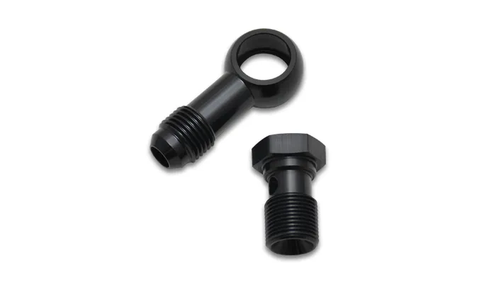 Vibrant Performance Banjo Hose End Fitting Assembly; -6AN Banjo Size; 9/16-24 Imperial Bolt Size; 6061 Aluminum; Black Anodized; Single Male;