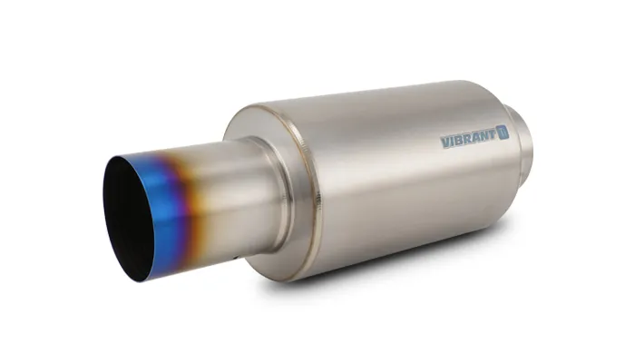 Muffler; 4 in. Inlet ID; 4 in. Tip OD; 6.25 in. Body OD; 17 Overall L; 10 in. Muffler Body L; Blue Titanium Finish; 4.41 LBS Weight; w/Straight Cut; product image