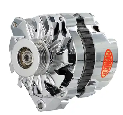 Power Master Alternator; CS130; Offset Left; Rear Battery Post; 140 Amp; 6 Groove Pulley; Unthreaded Adjustable Flange; 1-Wire/OE Hookup; Chrome Finish;