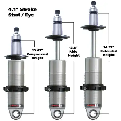Ridetech HQ Coil-Over Shock W/ 4.1 Inch Stroke And 2 Inch Stud Mount Universal 1 Rebound Adjustable Shockspring Mounts Delrin Spring Washers And Bearing Spacers 1/2 Inch And 5/8 Inch 10.4 Inch X 14.5 Inch W/ A 12.5 -12.75 Inch Ride Height Ridetech