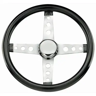 Grant Classic Series Cruising Steering Wheel; 13.5 in. Diameter; 1 3/4 in. Shallow Dish; Black Gloss Vinyl Cushion Grip; Chrome 4-Spoke Design;