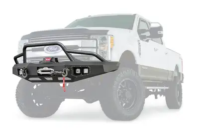 Warn WARN - Ascent Front Bumper for Ford Super Duty with prerunner grille guard featuring an integral winch mount for WARN mid-frame winches