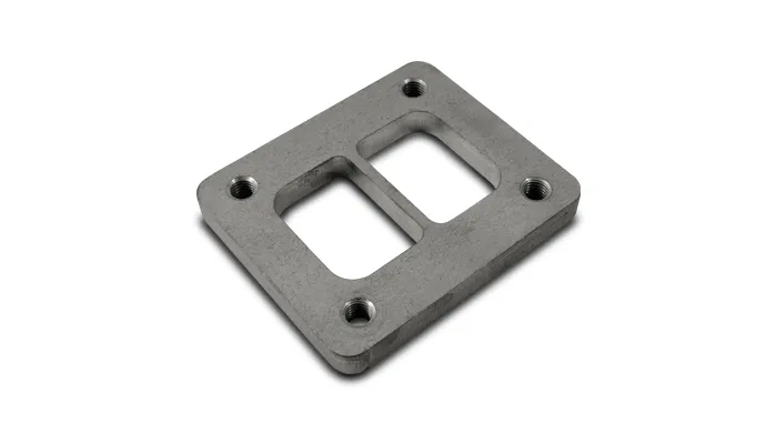 Turbo Inlet Flange; 69.9mm Bhcch; 82.6mm Bhccw; M10x1.5 Bhts; 95mm Overall h; 108mm Overall w; 0.5 In. Thickness; 50.3mm Port h; 34.5mm Port w; For T04 Divided Inlet; Mild Steel; product image