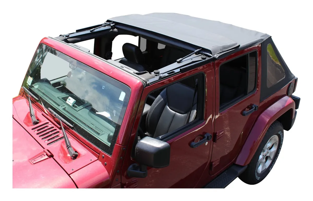 Crown Automotive Jeep Replacement Black Bowless Soft Top w/ 2 Doors;black Diamond Bowless Soft Top w/ Tinted Windows With Fold Back Sunroof Feature;includes Top, Door Surrounds, Tailgate Bar And Retainers, Windshield Header Channel/Sunroof Assembly, And All Necessary Hardware;includes Eve