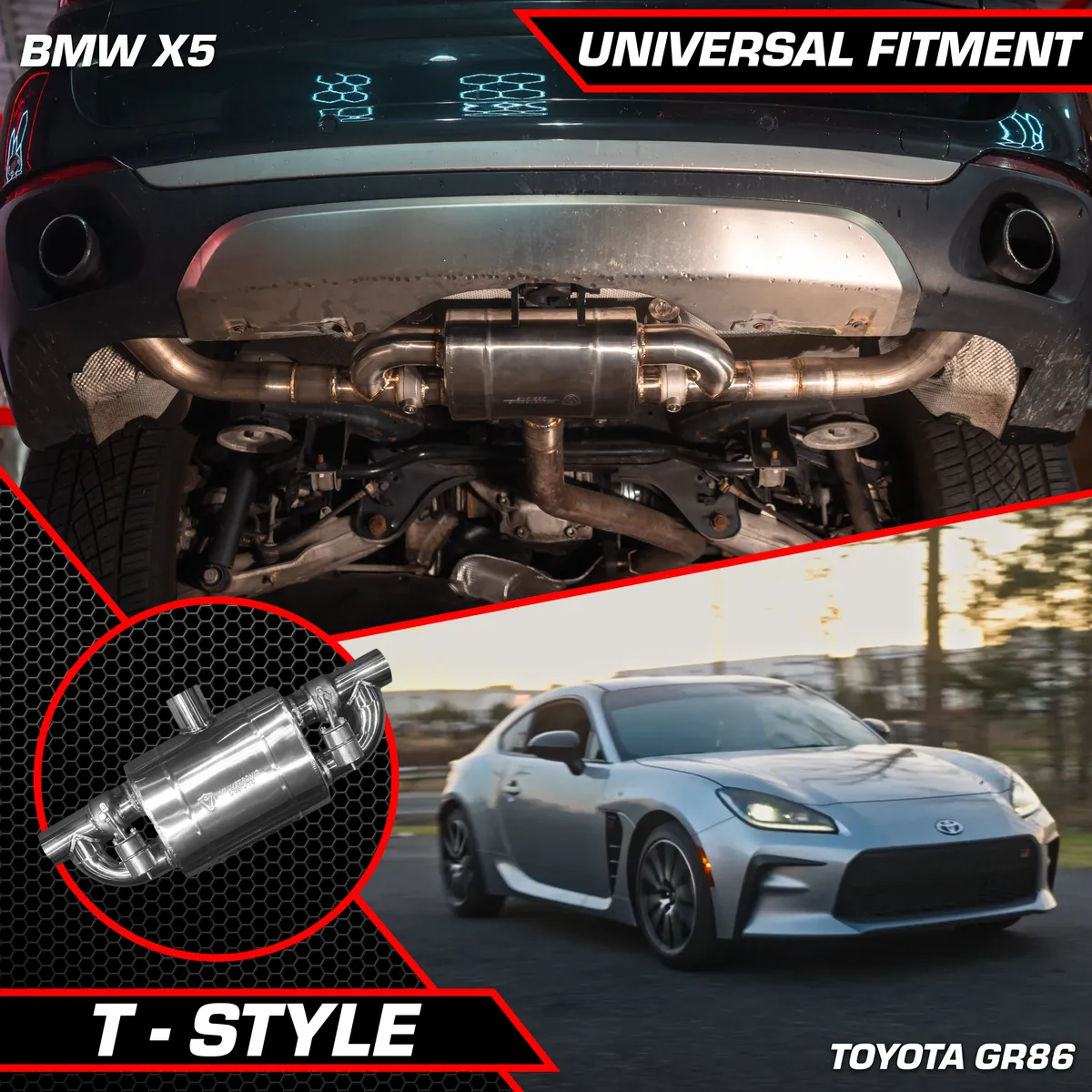 Universal Muffler Kit, Single Inlet Dual Outlet, 63MM 2.5 Inch 2 Mufflers Valvetronic Designs product image