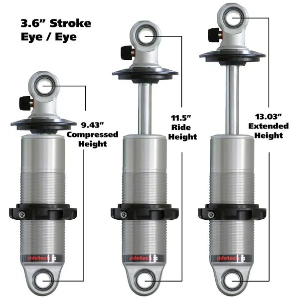 HQ Coil-Over Shock W/ 3.6 Inch Stroke And 1.7 Inch Eye Mount Universal 1 Rebound Adjustable Shockspring Mounts Delrin Spring Washers And Bearing Spacers 1/2 Inch And 5/8 Inch 9.4 Inch X 13 Inch W/ A 11.25 -11.5 Inch Ride Height Ridetech product image