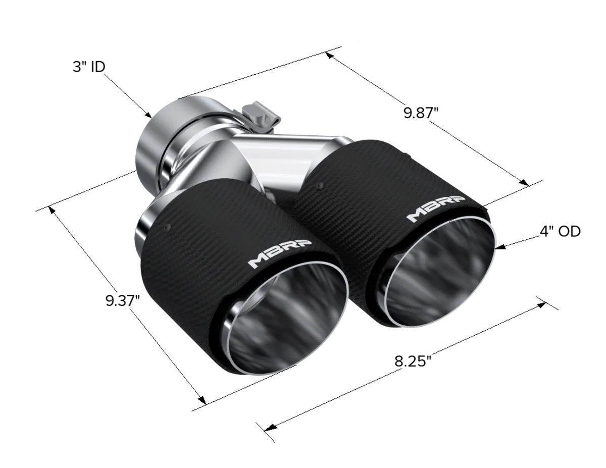Carbon Fiber Exhaust Tip; 3 in. Inlet Diameter; 4 in. Outlet Diameter; Right Tip 9.87 in. Length; Left Tip 9.37 in. Length; Dual Out; Carbon Fiber Finish; product image