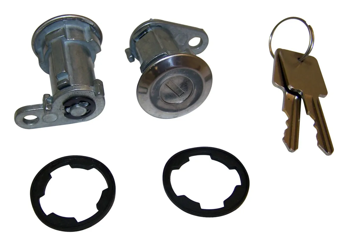1984-1990 Cherokee XJ Chrome; Includes 2 cylinders and keys 1976-1983 CJ-5 CJ Includes 2 cylinders and keys 1976-1984 CJ-7 CJ Includes 2 cylinders and keys 1981-1984 CJ-8 CJ Includes 2 cylinders and keys 1987-1990 Wrangler YJ w/ Full Doors; Chrome; In product image