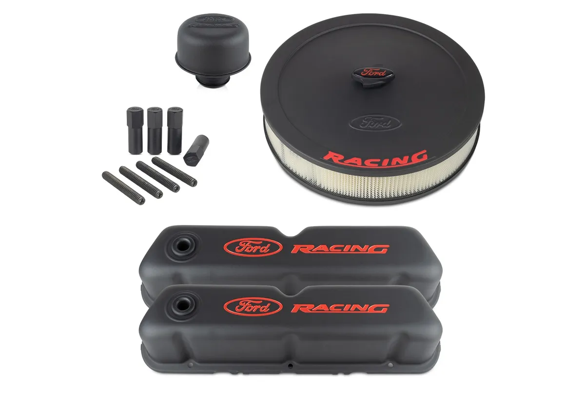 Engine Dress-Up Kit Black Crinkle w/ Red Ford Racing Logo Fits SB Ford Engines Stock Powdercoat Ford Racing product image
