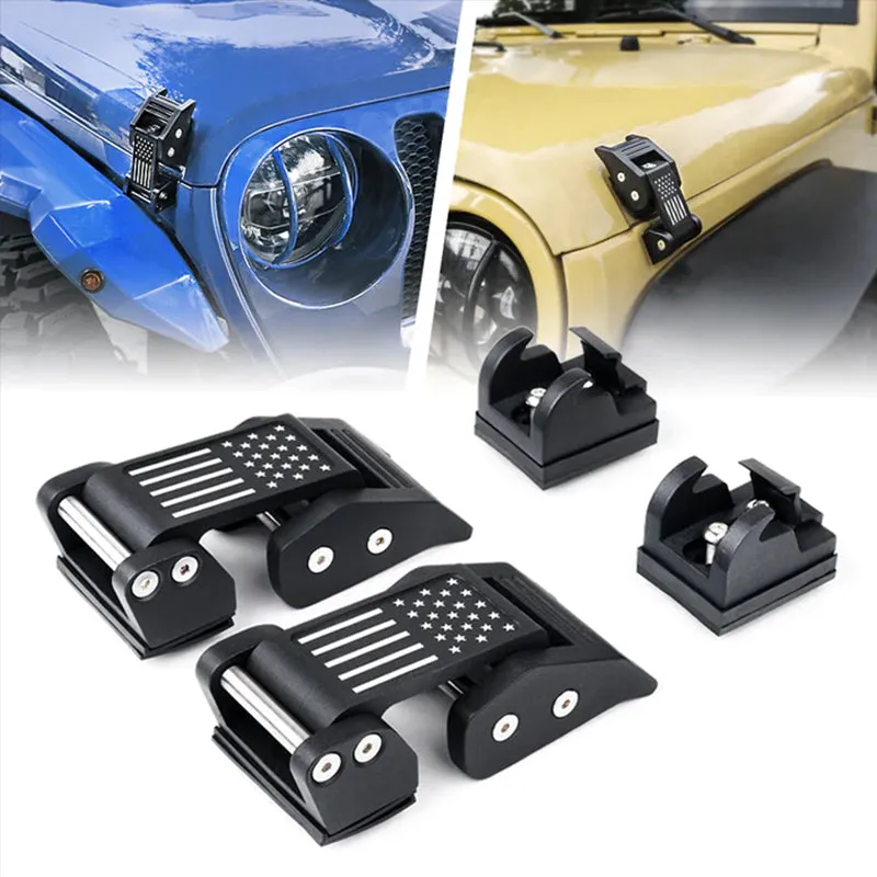 LED Factory Mart Aluminum Jeep Hood Latch Kit with Flag for 2007-2018 Jeep Wrangler JK & 2018-Later Jeep Wrangler JL
